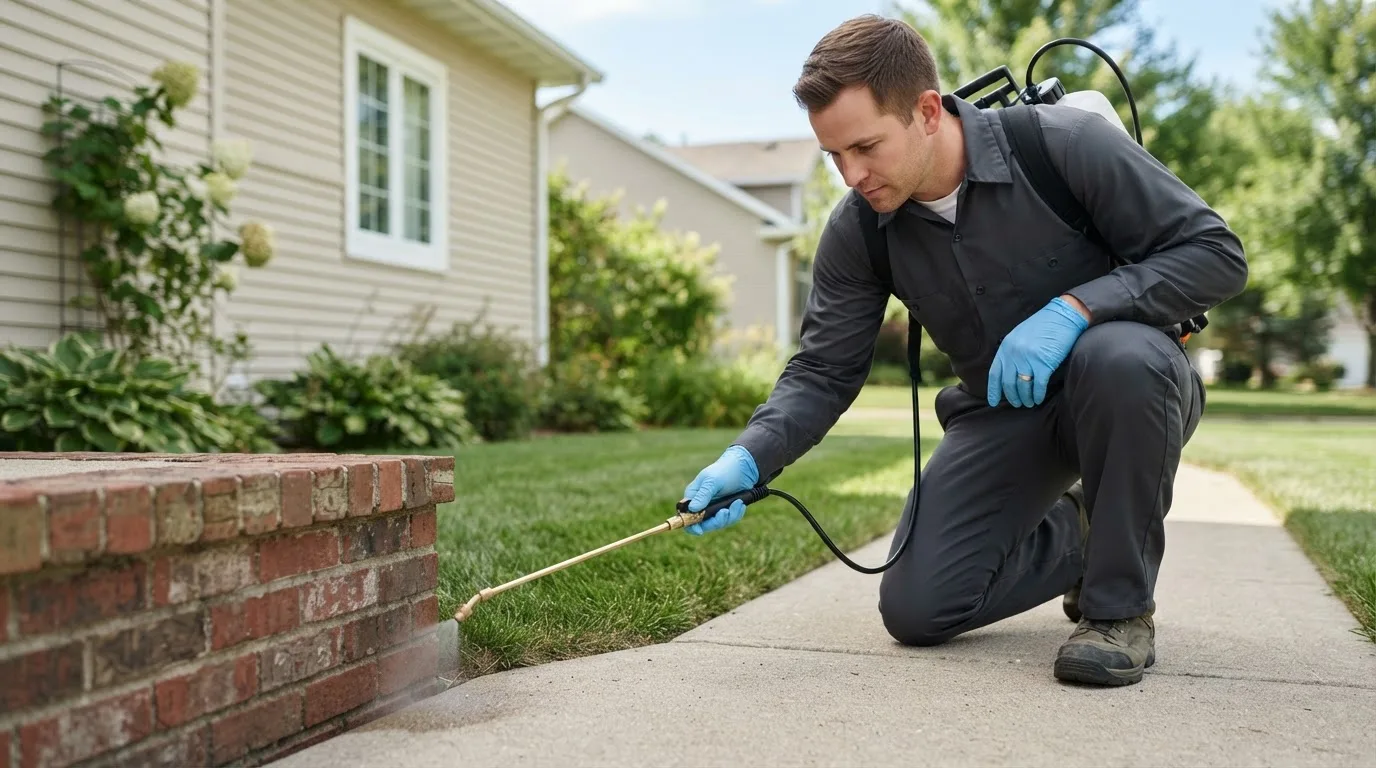 Pest control technician treating a home near Bowersville, GA